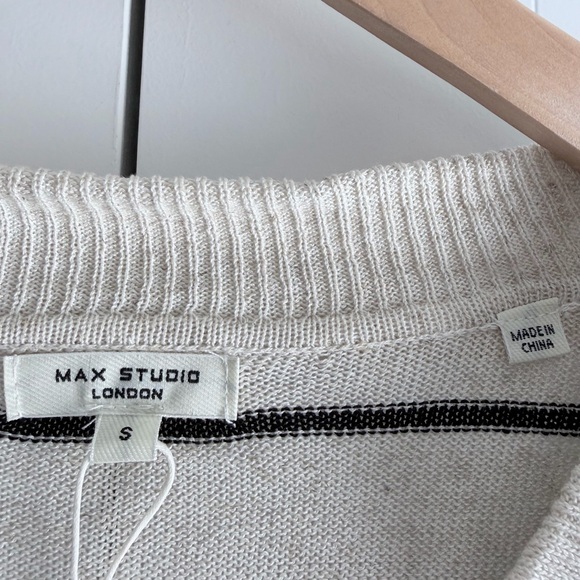 Max Studio Sweater Womens Large Ivory Black Striped Linen Blend Short Sleeve Top - Picture 4 of 10